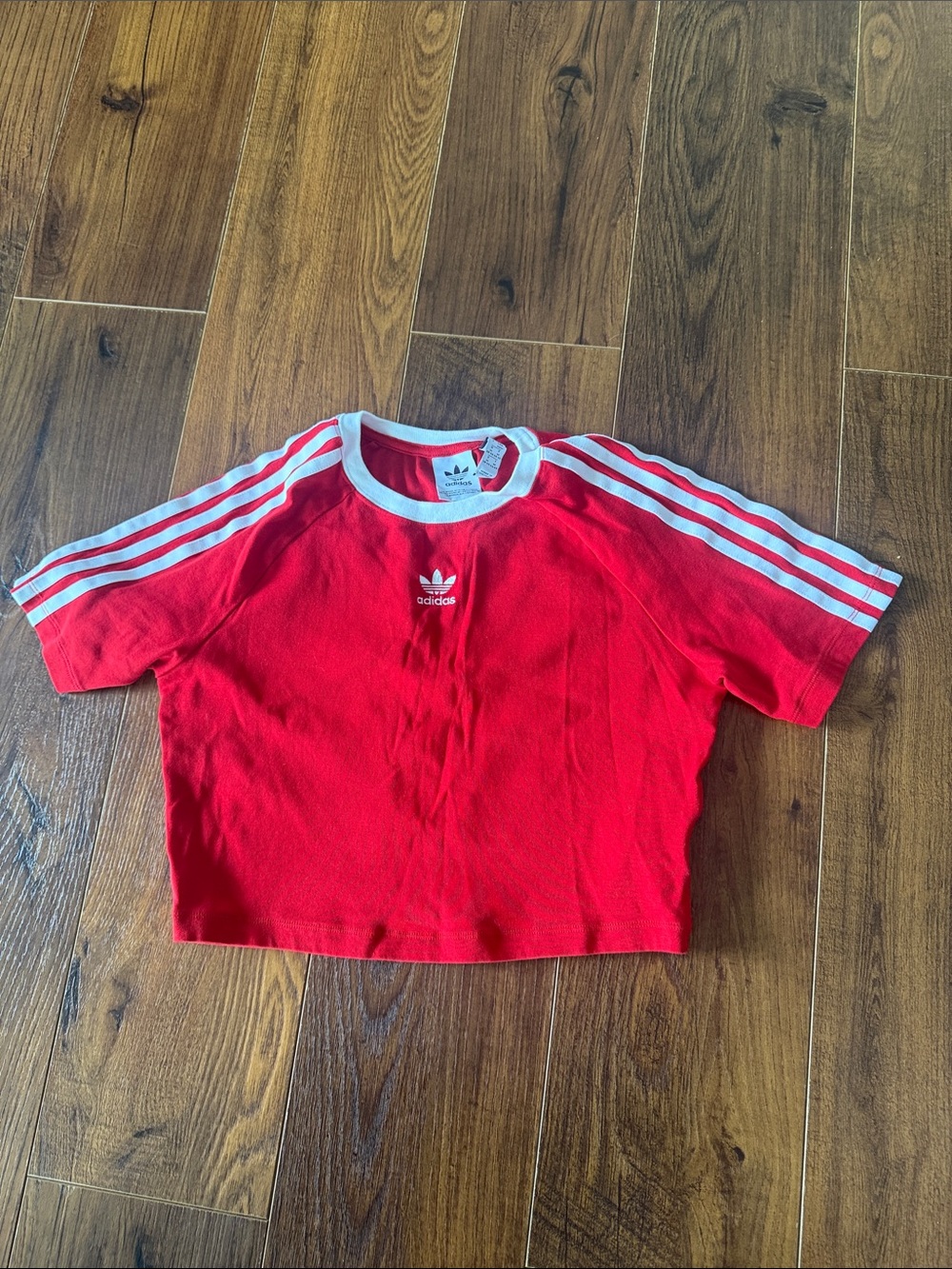 Adidas women Red Crop Tee with White Stripes